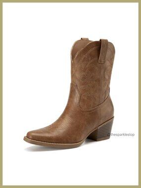 Square Toe Chunky Heel Cowboy Boots Faux Leather Western Ankle Boots